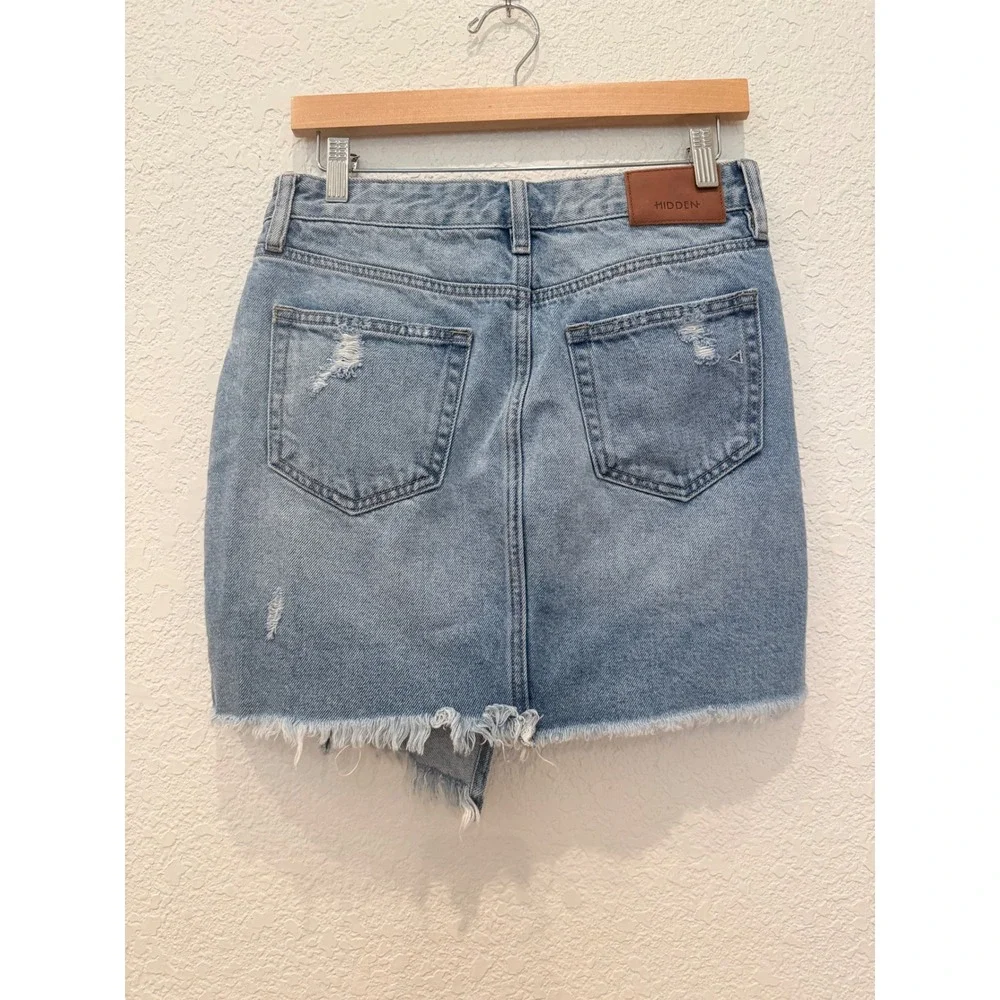 Hidden Los Angeles Asymmetric Crossover Denim Mini Skirt Light Wash Distressed S
